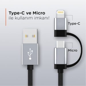 K556 Safe 2in1 Örgü Metal Başlı 1200mm Şarj/Senkronizasyon Kablosu - Görsel 1