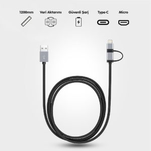 K556 Safe 2in1 Örgü Metal Başlı 1200mm Şarj/Senkronizasyon Kablosu - Görsel 3